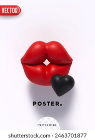 Red lips and black heart. Minimal poster and romantic banner. Realistic 3d style design. Isolated on white background. Vector illustration