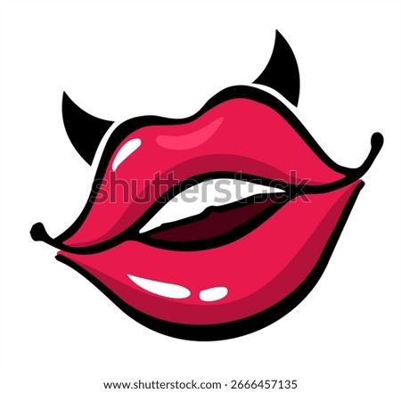 Red lips with black horns, isolated vector on white background. Demonic red lips with horns. Elements for romantic design. Sexy woman's lip. Kiss.