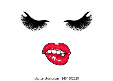 Red lips and black lashes. Beautiful female face. Lips Biting. Red lipstick. Sketch style. Vector fashion illustration. Long Eyelashes. Closed eyes.