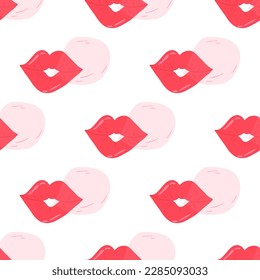 Red lips blowing bubble gum, hand drawn seamless pattern - flat vector illustration on white background. Valentine's day and love concepts. Great for wrapping paper and textile. Surface design.