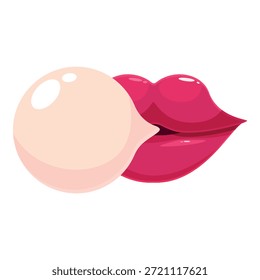Lábios vermelhos soprando uma bolha de chiclete rosa no fundo branco