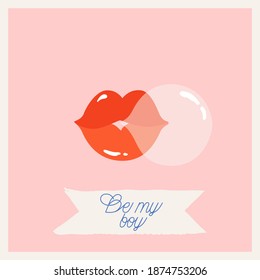 Red lips and bubble gum Valentine's day card, poster. Trendy hand-drawn elements, festive calligraphic text greeting. Vintage retro style Valentine's day card, poster.