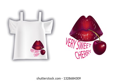 Red lips with a cherry on a women's t-shirt. Vector print design with an inscription on a white women's t-shirt. Vector drawing on the summer women's t-shirt.