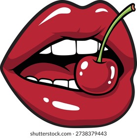 Red Lips With Cherry Vector Illustration, Sexy Mouth, Pop Art Fashion Design