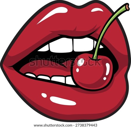 Red Lips With Cherry Vector Illustration, Sexy Mouth, Pop Art Fashion Design