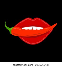 Los labios rojos con pimienta chile, aislados en fondo negro, ilustración vectorial.