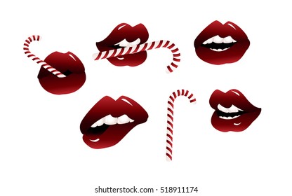 Red lips with Christmas candy. Vector set on white background of  isolated lips in different angles. Fashion patches badges for stickers with sexy female mouth. Comics style from the 60s, 80s