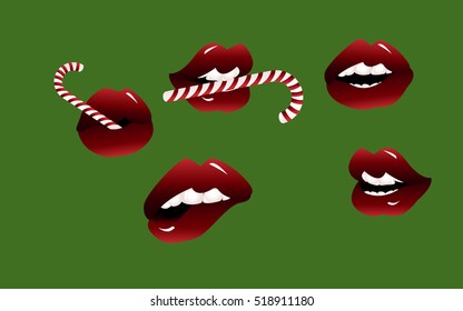 Red lips with Christmas candy. Vector set on white background of  isolated lips in different angles. Fashion patches badges for stickers with sexy female mouth. Comics style from the 60s, 80s