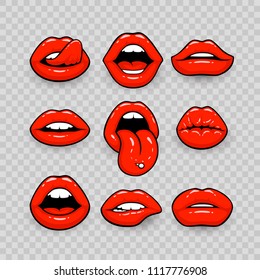 Red lips, a collection of different shapes, on a transparent background. Vector illustration