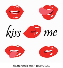 Red lips collection, different shapes, smiling, with tongue, vector illustration.