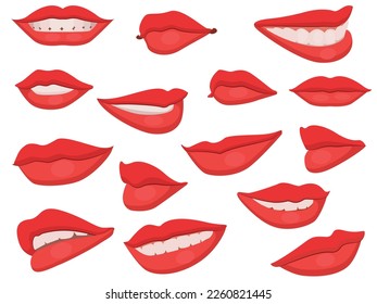 Colección de labios rojos. labios que expresan diferentes emociones,