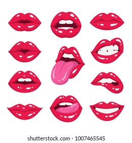 Red lips collection. Vector illustration of sexy woman's lips expressing different emotions, such as smile, kiss, half-open mouth, biting lip, lip licking, tongue out. Isolated on white.