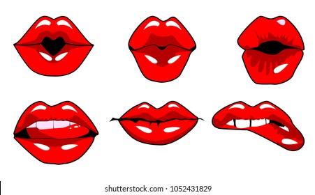 red lips collection vector illustration of sexy woman lips expressing different emotions 