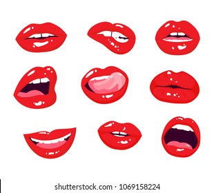 Red lips collection. Vector illustration of sexy woman lips with different emotions. Woman mouth with a kiss, smile, tongue and teeth isolated on background. Isolated on white.
