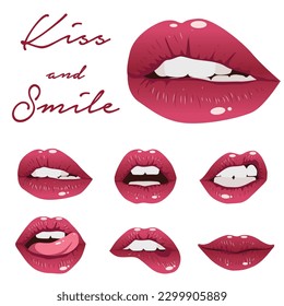 Colección de labios rojos. Ilustración vectorial de los labios sexys de la mujer que expresan diversas emociones como sonrisa, beso, boca a medias abierta, boca mordida en los labios, lente en los labios, lengua afuera. Aislado en blanco.