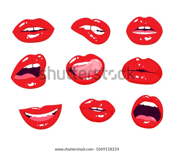 赤い唇のコレクション 色っぽい女性の唇に様々な感情を持つベクターイラスト 背景に女性の口 キス ほほ笑み 舌 歯 白い背景に のベクター画像素材 ロイヤリティフリー