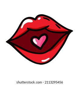 Red lips in comic style with a heart. Vector illustration. Valentines Day design element
