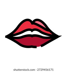 Red lips with dark outline in pop art style conveying sensuality, romance and glamour, minimalist graphic icon of desire, beauty and playful, fashion forward attraction