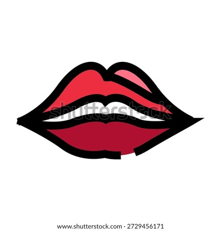 Red lips with dark outline in pop art style conveying sensuality, romance and glamour, minimalist graphic icon of desire, beauty and playful, fashion forward attraction
