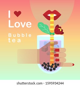 Red lips are drinking bubble tea flat vector illustration,I love bubble tea,beverages vector design,Hand is holding bubble tea