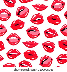 Red lips expressions. Colored vector seamless pattern