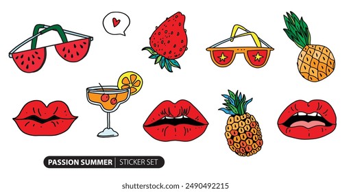 Labios rojos juego divertido. Labios jugosos vibrantes, frutas de verano y gafas de sol. Colección de Elementos de verano en dibujos animados de garabatos. Ilustración vectorial de pegatinas
