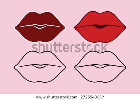 Red lips glamour vector illustration, Outline mouth shapes vector illustration