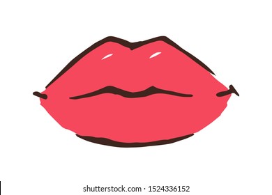 Red lips hand drawn with ink paint brush and black pen outline, isolated on white background. Vector illustration