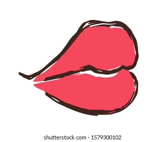 Red lips hand drawn with ink paint brush, isolated on white background. Vector illustration