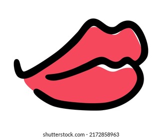 Red lips hand drawn with ink paint brush, isolated on white background. Vector illustration