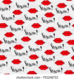 Red lips and hand drawn lettering "Kiss me" seamless pattern