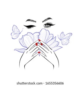 Red lips, hand with red manicure nails. Beauty Logo, nails art. Vector illustration, diadem flowers, butterflies, floral motive, abstract flowers, spa salon, sign, symbol, nails studio.