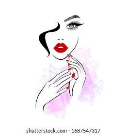 Red lips, hand with red manicure nails. Beauty Logo, nails art, eyelash extension. Vector illustration, diadem flowers, floral motive, abstract flowers, spa salon, sign, symbol, nails studio.