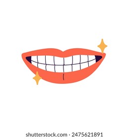 Red lips with healthy wide smile. Mouth with sparkling, shiny teeth. Oral hygiene, dental health, beauty and dentistry. Whitening of tooth. Flat isolated vector illustration on white background