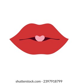 Red lips with heart on white background. Valentine's Day celebra