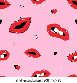 Red lips with hearts and dots vector seamless pattern background for make up and fashion design.
