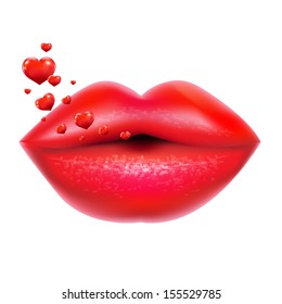 Red Lips With Hearts, With Gradient Mesh, Vector Illustration