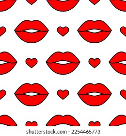 Red lips and hearts. Seamless vector pattern on the white background. Fashion background for modern designs, creatives for Valentine's Day, prints, textiles, fabrics, wallpapers, and wrappings.