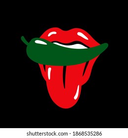 Red lips and hot chilli pepper. Rock and roll chili red lips . Vector illustration.