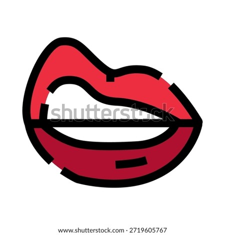 Red lips icon with bold outline depicting a sensual mouth and playful lip bite, symbolizing passion, seduction, romance, beauty, makeup and modern pop art glamour
