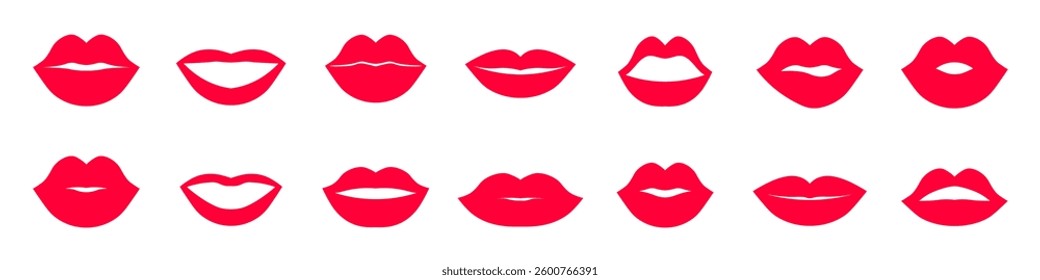 Red lips icon set. Passionate kiss icon. Lipstick imprint.
Vector illustration.