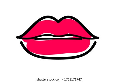 Red lips icon. Simple line mouth icon. Sexy open mouth with red lipstic. Makeup icon. 