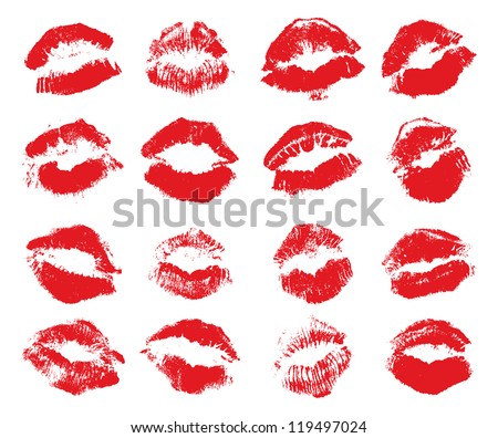 Red lips imprint isolated on white background, vector illustration, set