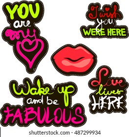 Red lips. Inspirational quotes Typography for poster, invitation, greeting card or t-shirt. Vector lettering, inscription, calligraphy design. Text background. Sticker Pin trendy label patch