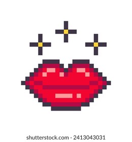 Red lips isolated on white background. Female mouth pixel icon. Smile. Romantic symbol. Vector illustration in 8 bit old style.