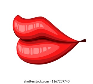Red lips kiss. Flat style mouth and lips. Kiss sexy logo icon for card. Vector illustration isolated on white background.