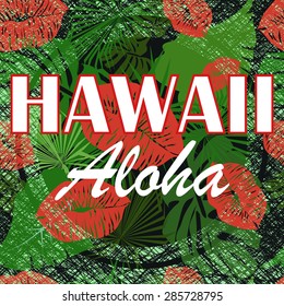 Red lips, kiss and palm leaves tropical. Vector for for girl summer t shirt. Hawaii aloha.