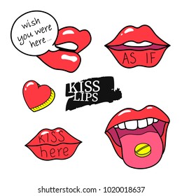 Red lips kiss set. Vector sticker patch badge pin collection. Female mouth Icon doodle hand drawn pop art 80s 90s style Romance Love valintines day symbol. Fashion illustration for print card textile