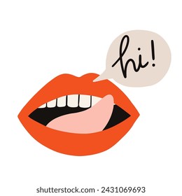 Red lips with lettering hi Red sexy lips. Mouth with kiss, smile, tongue and teeth. Hand drawn vector isolated on white background. Great for poster, t shirts, postcards.