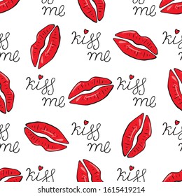 Red lips with lettering "kiss me". Seamless pattern with romantic elements and text. Endless texture for wedding design, valentines day, love cards. For fabric, wallpaper.